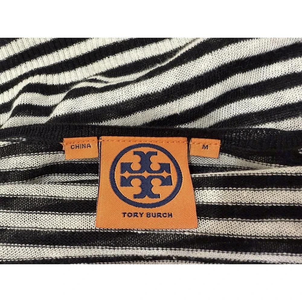 Tory Burch Linen-Blend Black & White Striped Cardigan Sweater M Gold Logo Button